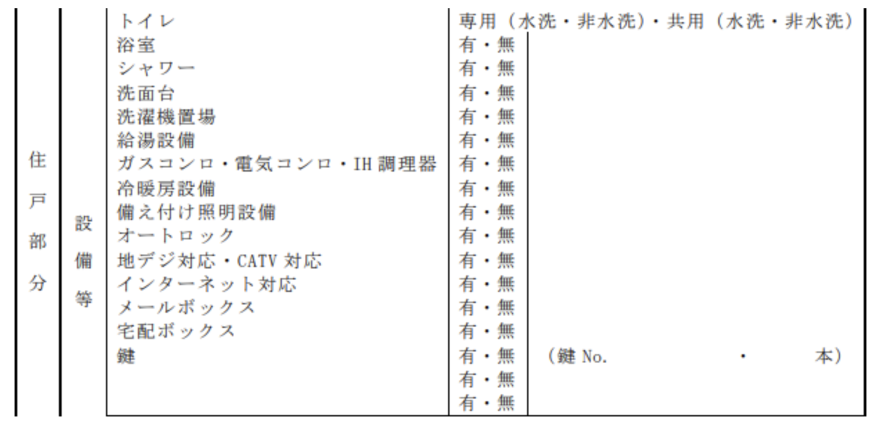 付属品と残置物に関する項目